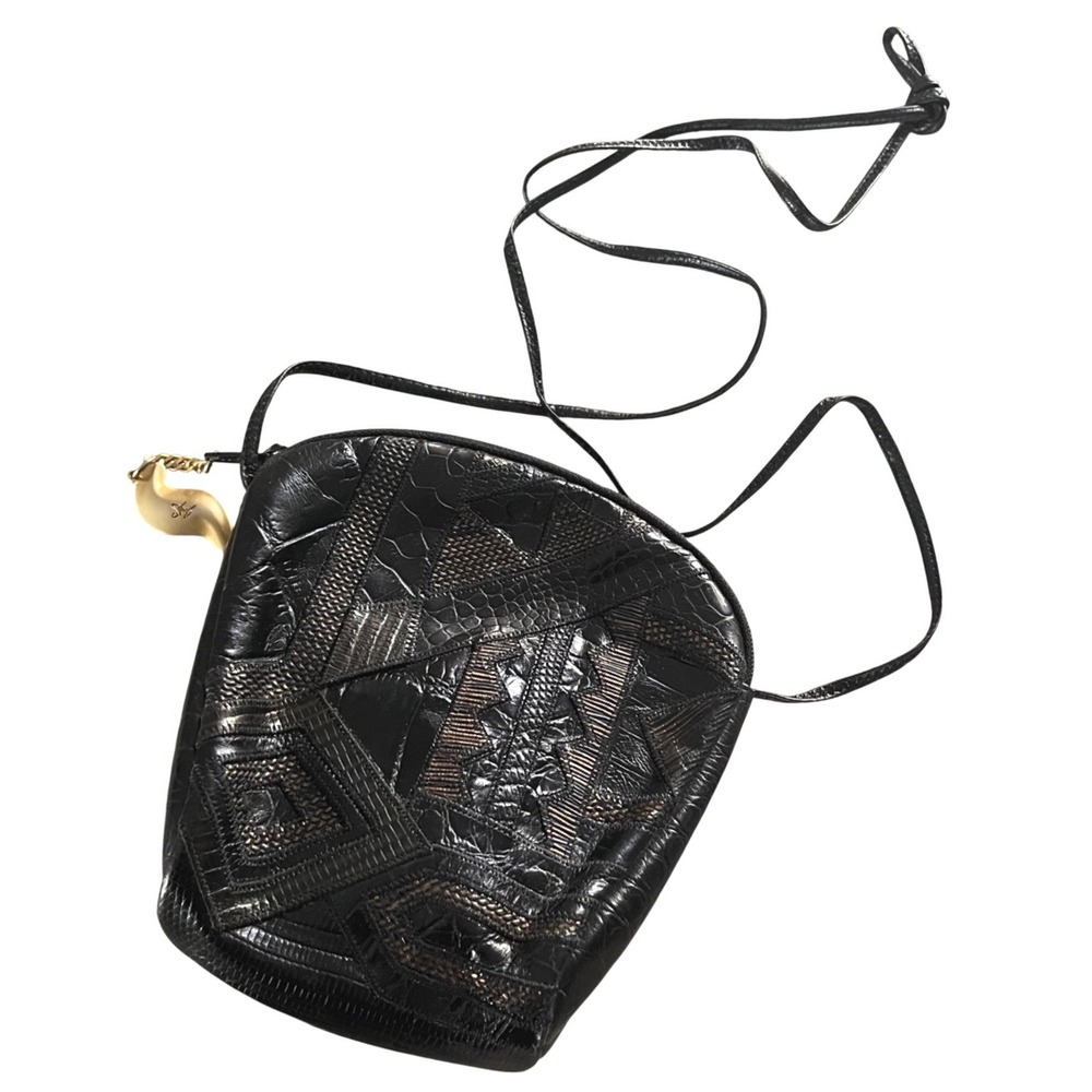 SHARIF Vintage Black Leather Patchwork Geometric Convertible Shoulder Bag